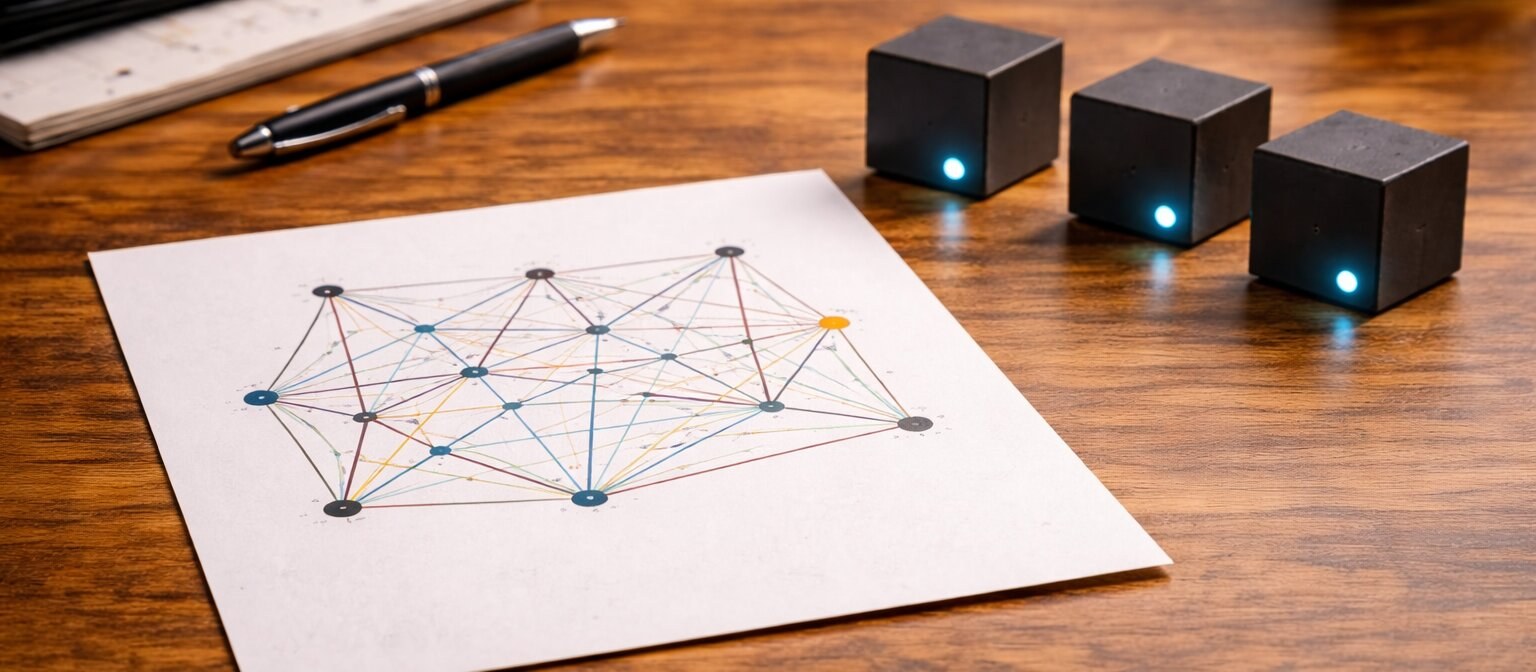 Three small black blocks with a faint blue light beside a printed network drawing