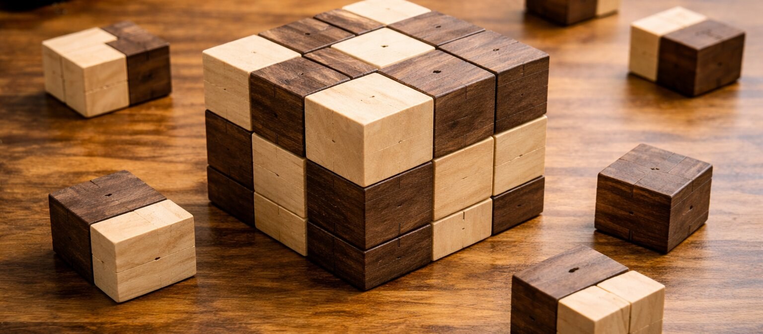 Holzwürfel-Baugruppen auf einem Tisch, eine vollständig und mehrere Teile daneben
