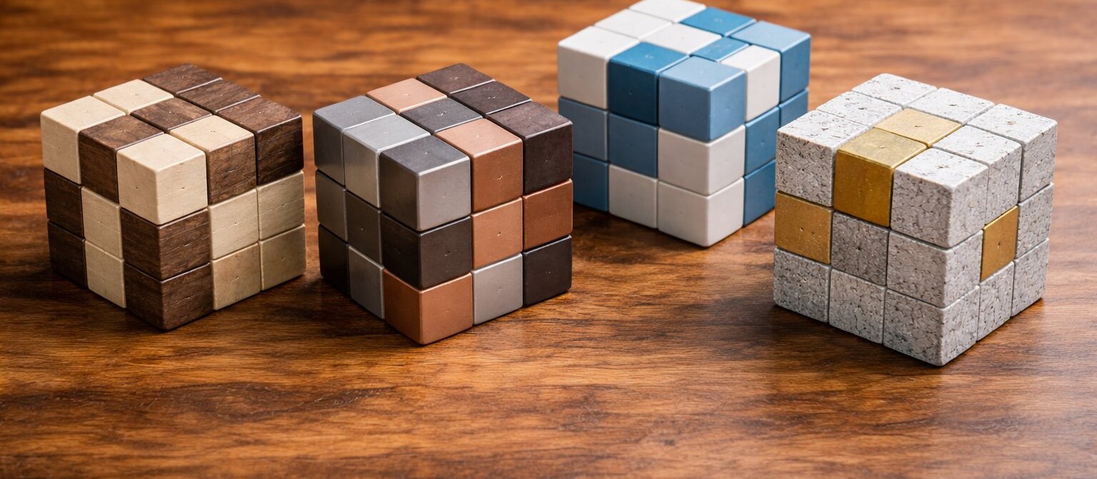 Four cube variants in different materials on a wooden desk